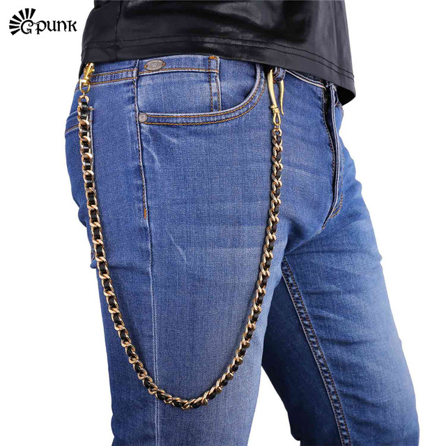 Jeans Trousers pants chain for Rock men Genuine Leather & Gold color Chains  Jewelry Male Belts